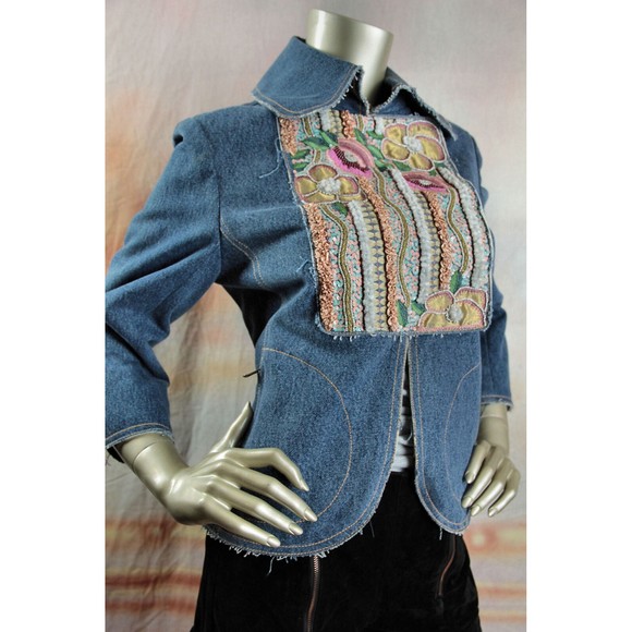 NWT TULEH Beaded Sequin Embroidered Denim Jeans Leopard Fur Jacket 10 - Picture 1 of 8